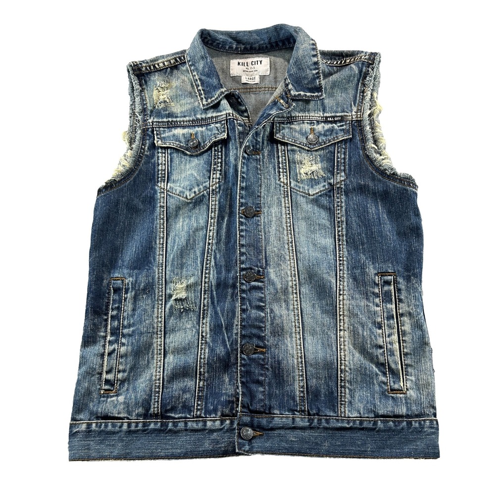 Kill City Denim Vest Mens Large Blue Distressed Frayed Punk Rocker M66-419